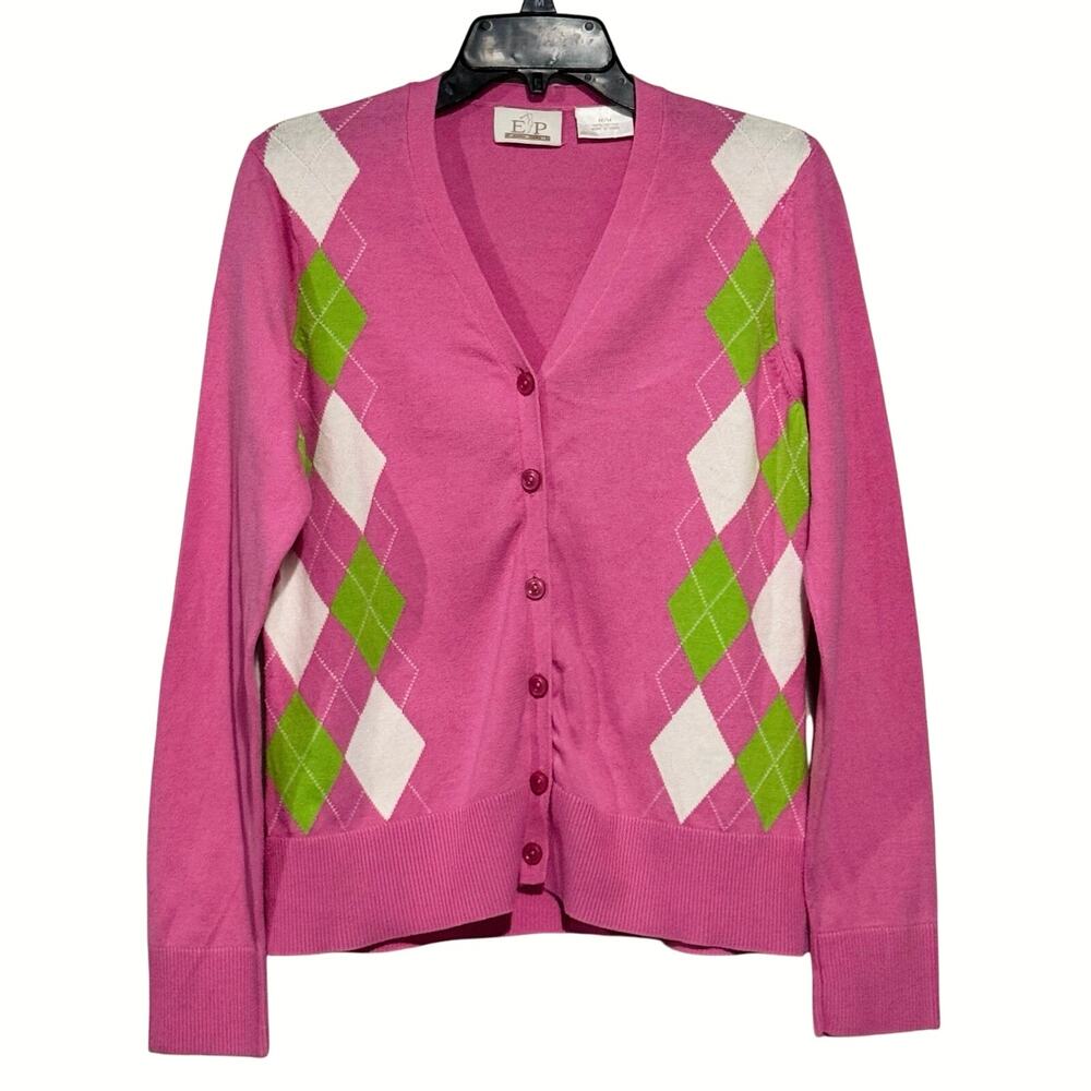 EP Pro Womens Argyle Cotton Cardigan Golf Sweater Medium Candy Colors TennisPrep - Picture 2 of 11